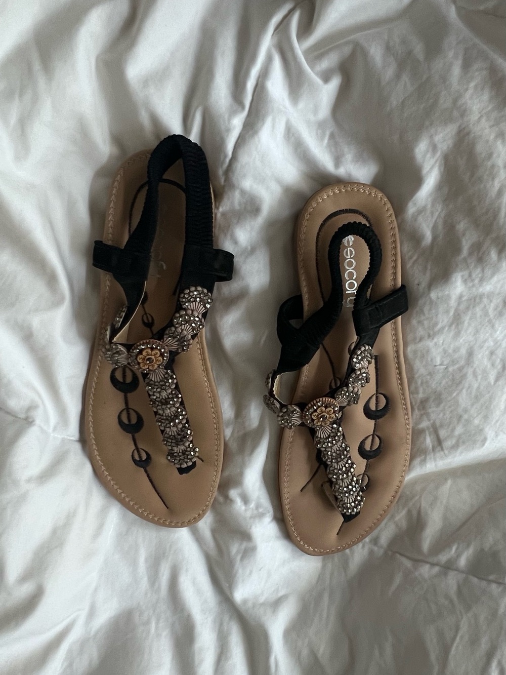 Women’s Embellished Black T-Strap Sandals